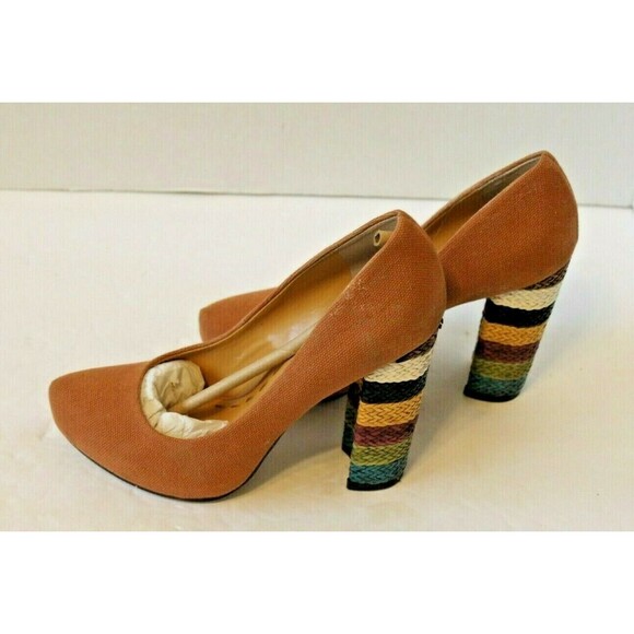 Nine West Heels Tan Canvas Pumps Chunky Braided Boho Shoes w/Box Sz 6.5 M - Picture 6 of 9